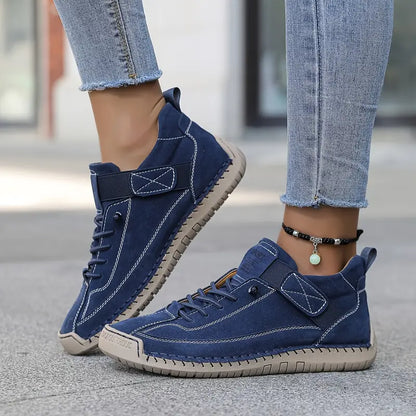 Effortless Leather Sneakers for Women with Lace Up Velcro Strap Hand Stitched Casual Style