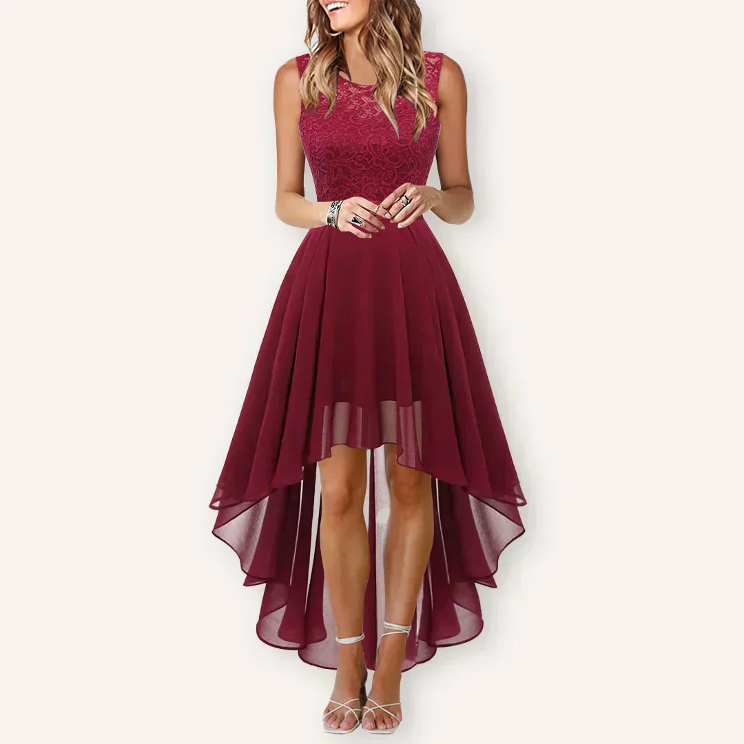 Elegant Maxi Dress for Women with Round Neck Sleeveless High Low Tulle Hem Formal Wedding Guest Style