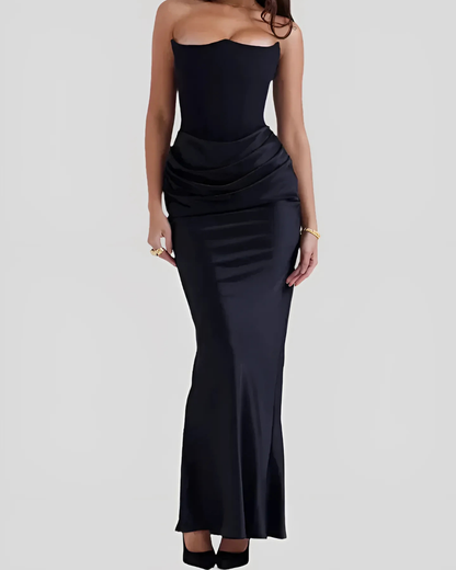 Elegant Satin Maxi Dress for Women with Strapless Ruched Bodice Column Formal Wedding Guest Style