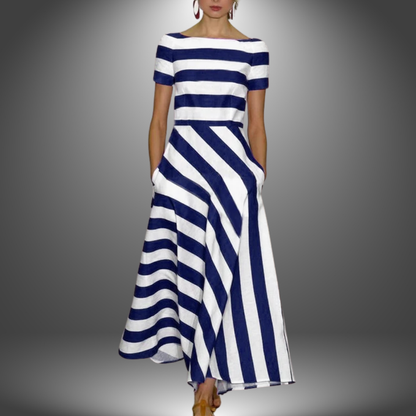 Elegant Striped Maxi Dress for Women with Boat Neck Short Sleeve Asymmetric Hem Flowing Style