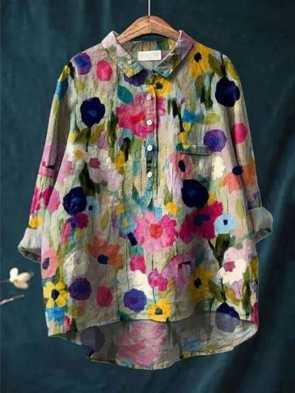 Effortless Floral Blouse for Women with Collar Long Sleeve Button Front High Low Hem Style