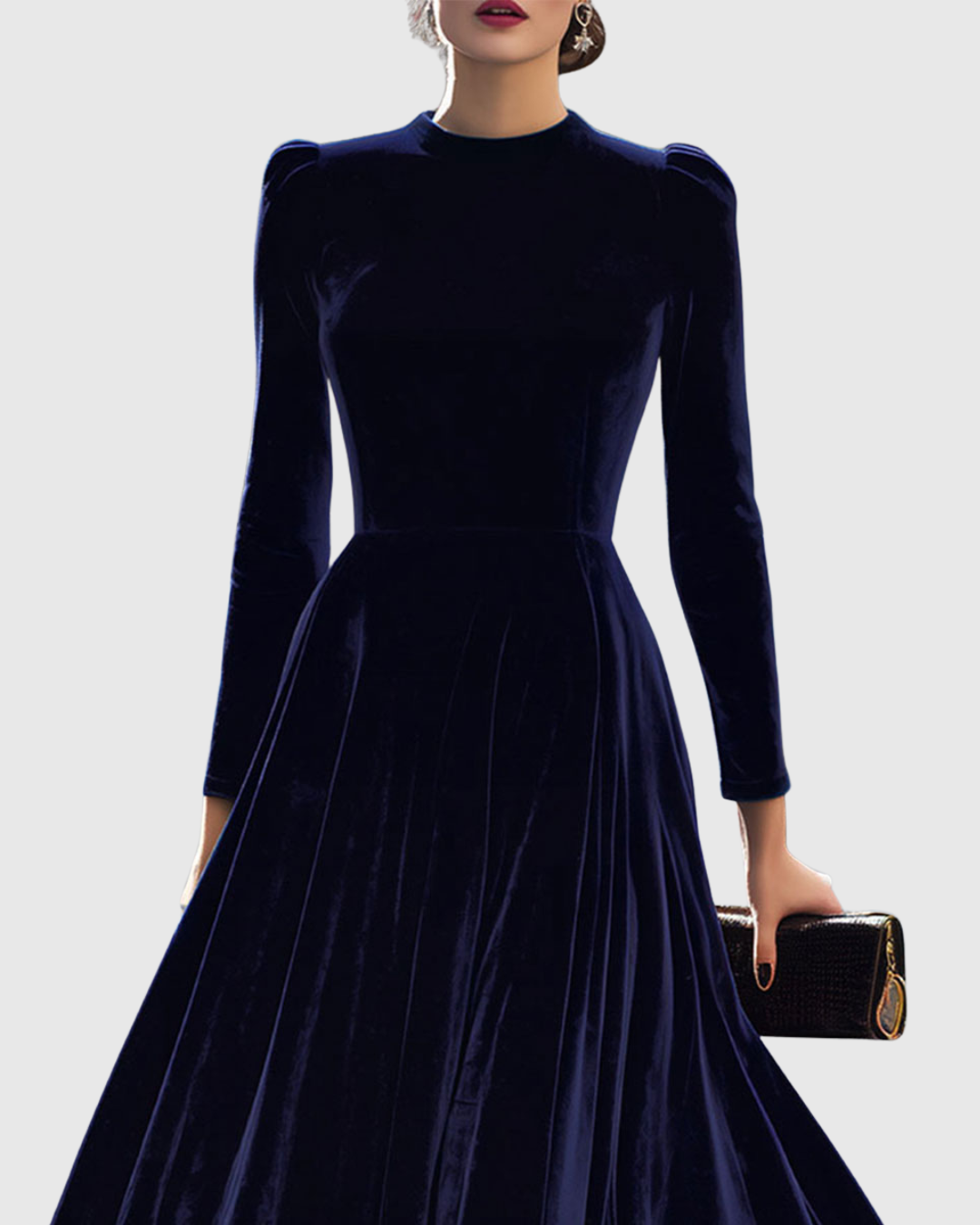 Elegant Navy Blue Velvet Maxi Dress for Women with High Neck Long Sleeve Fit and Flare Formal Wedding Guest Style