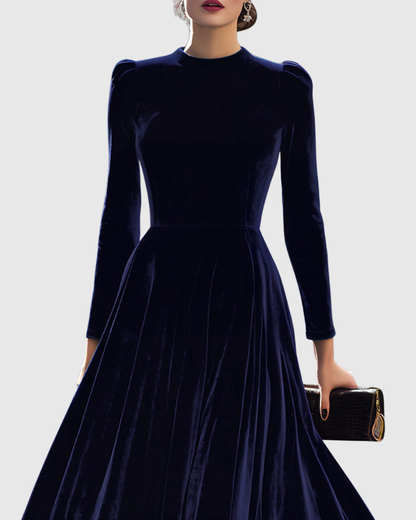 Elegant Navy Blue Velvet Maxi Dress for Women with High Neck Long Sleeve Fit and Flare Formal Wedding Guest Style