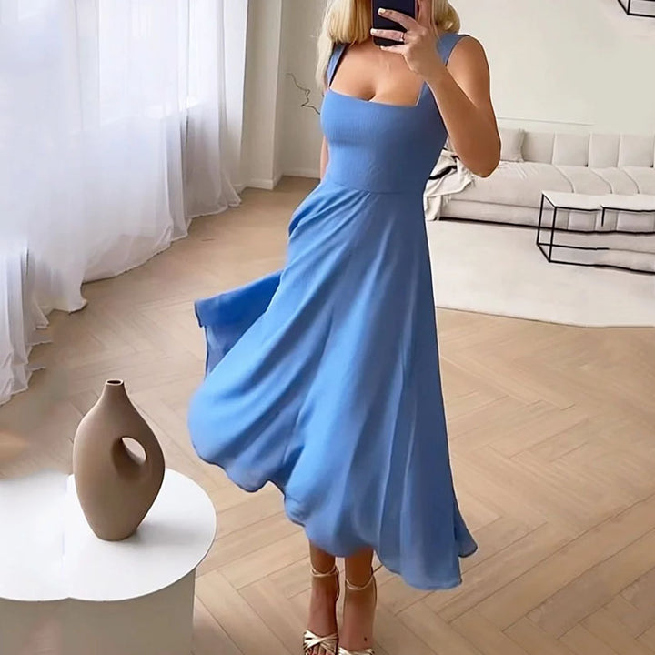 Elegant Satin Midi Dress for Women with Straight Neck Spaghetti Strap Fit and Flare Formal Wedding Guest Style