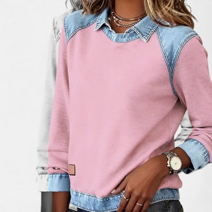 Effortless Denim Colorblock Sweatshirt for Women with Shirt Collar Long Sleeve Raglan Contrast Casual Style