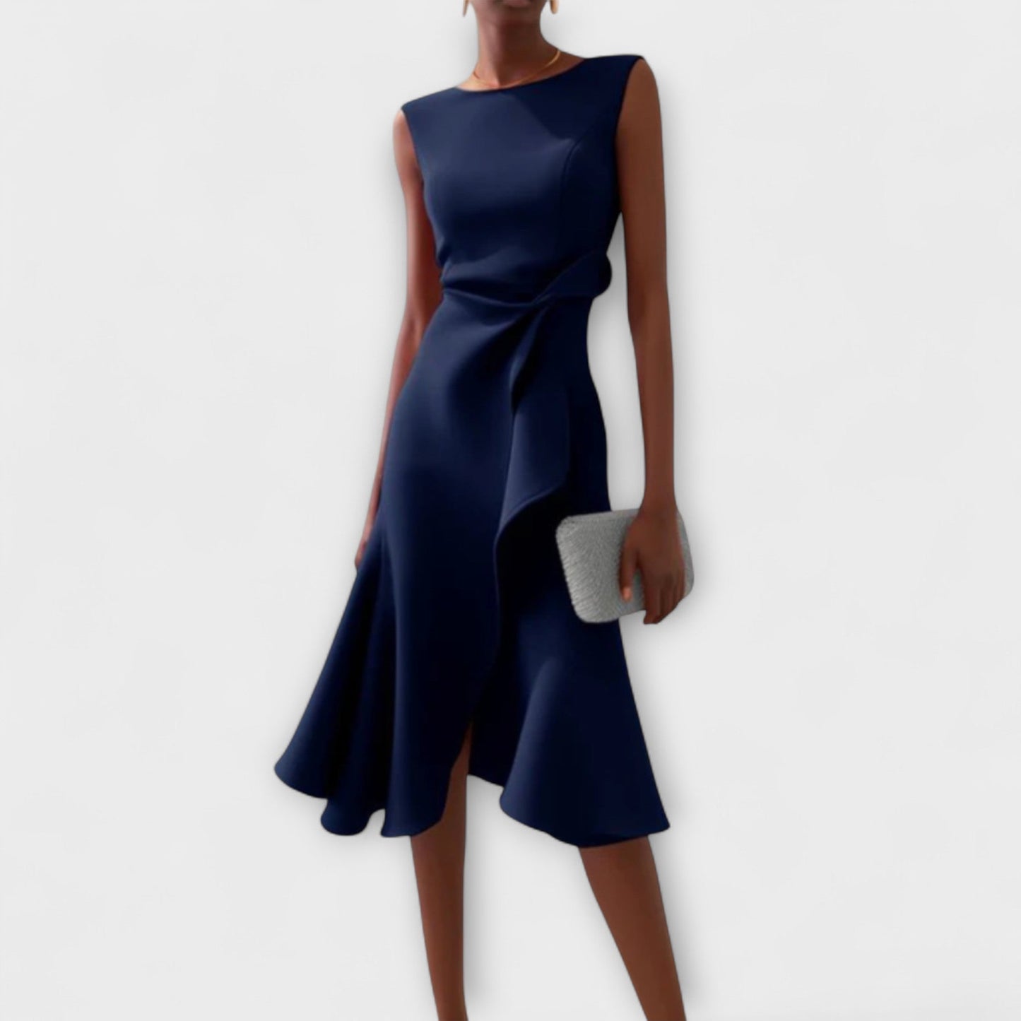 Elegant Satin Midi Dress for Women with Round Neck Sleeveless Draped Wrap Ruffle Formal Wedding Guest Style