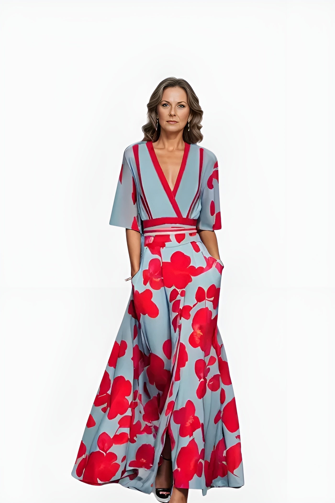 Elegant Blue Floral Maxi Dress for Women with V Neck Elbow Sleeve Wrap Flowing Style
