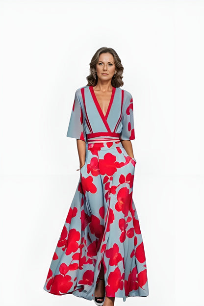 Elegant Blue Floral Maxi Dress for Women with V Neck Elbow Sleeve Wrap Flowing Style