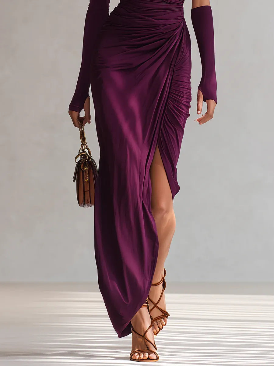 Elegant Purple Satin Maxi Dress for Women with One Shoulder Long Sleeve Ruched High Slit Formal Style