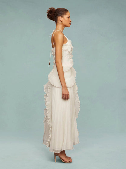 Elegant Tiered Ruffle Midi Dress for Women with One Shoulder Flowy Formal Wedding Guest Style