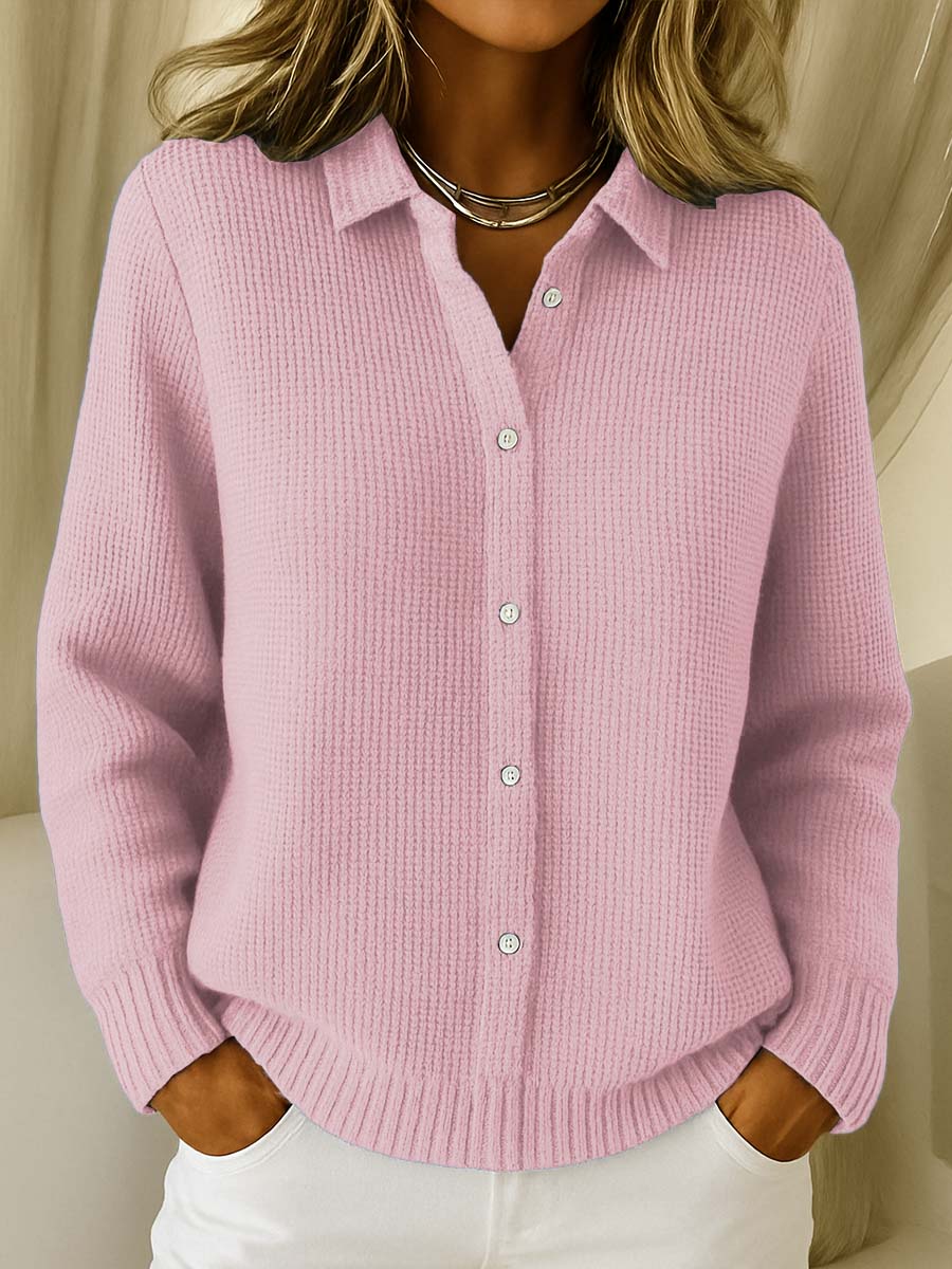 Comfortable Waffle Knit Cardigan Sweater for Women with Collar Long Sleeve Button Front Relaxed Oversized Knit Style