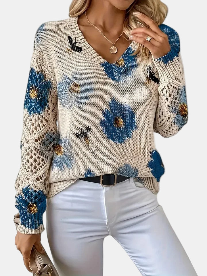 Comfortable Floral Print Sweater for Women with V Neck Long Sleeve Crochet Lace Oversized Knit Style