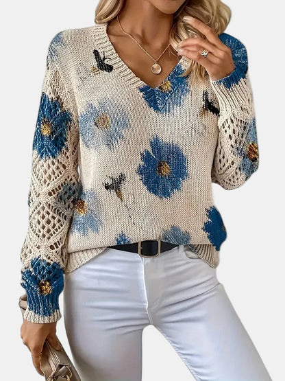 Comfortable Floral Print Sweater for Women with V Neck Long Sleeve Crochet Lace Oversized Knit Style