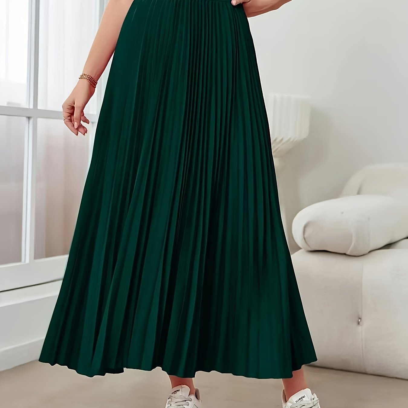 Elegant Dark Green Pleated Maxi Skirt for Women with High Waist A Line Flowing Style