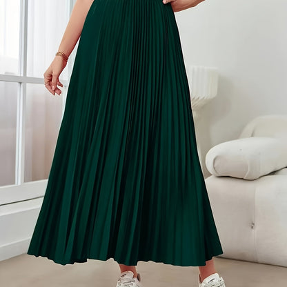 Elegant Dark Green Pleated Maxi Skirt for Women with High Waist A Line Flowing Style