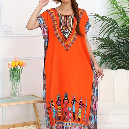 Effortless Dashiki Print Kaftan Dress for Women with V Neck Short Sleeve Relaxed Bohemian Style