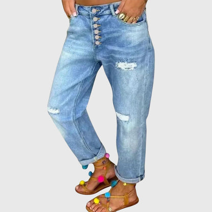 Stylish Blue Jeans for Women with High Waist Button Fly Distressed Relaxed Boyfriend Mom Jean Style