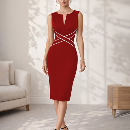 Elegant Contrast Piping Sheath Dress for Women with Split Neck Sleeveless Bodycon Crisscross Waist Cocktail Style