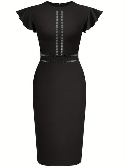 Elegant Studded Sheath Dress for Women with Round Neck Flutter Sleeve Bodycon Cocktail Style