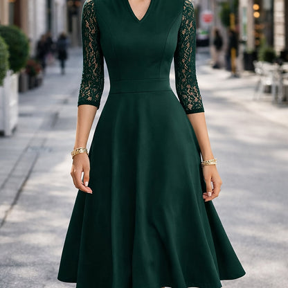 Elegant Lace Trim Midi Dress for Women with Notch V Neck Elbow Sleeve Fit and Flare Cocktail Style