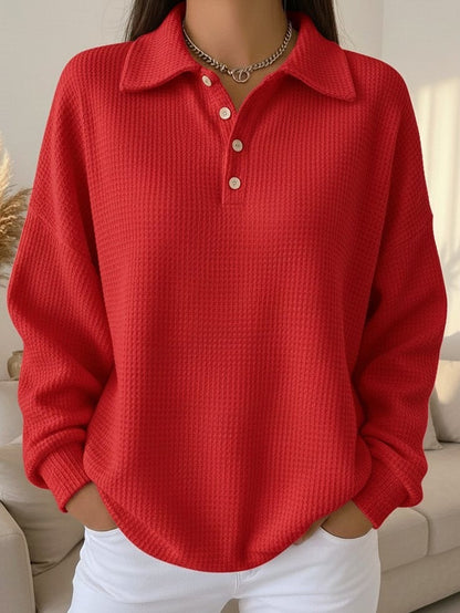 Comfortable Waffle Knit Polo Sweater for Women with Collared V Neck Long Sleeve Button Placket Oversized Relaxed Style