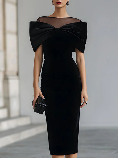 Elegant Black Velvet Midi Dress for Women with Illusion Neckline Bow Off Shoulder Bodycon Style