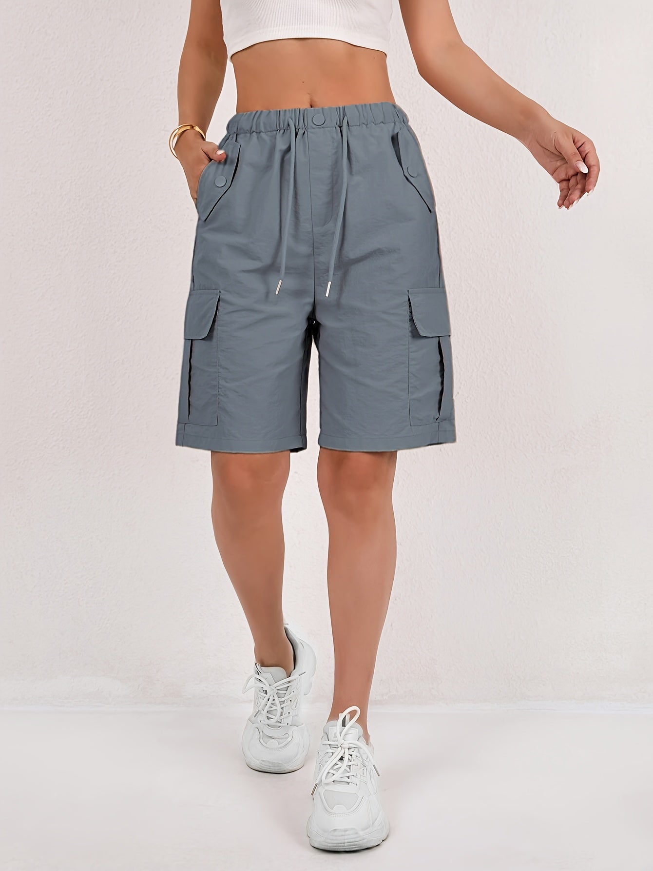 Effortless Pink Cargo Shorts for Women with Elastic Waist Drawstring Flap Pocket Relaxed Casual Style