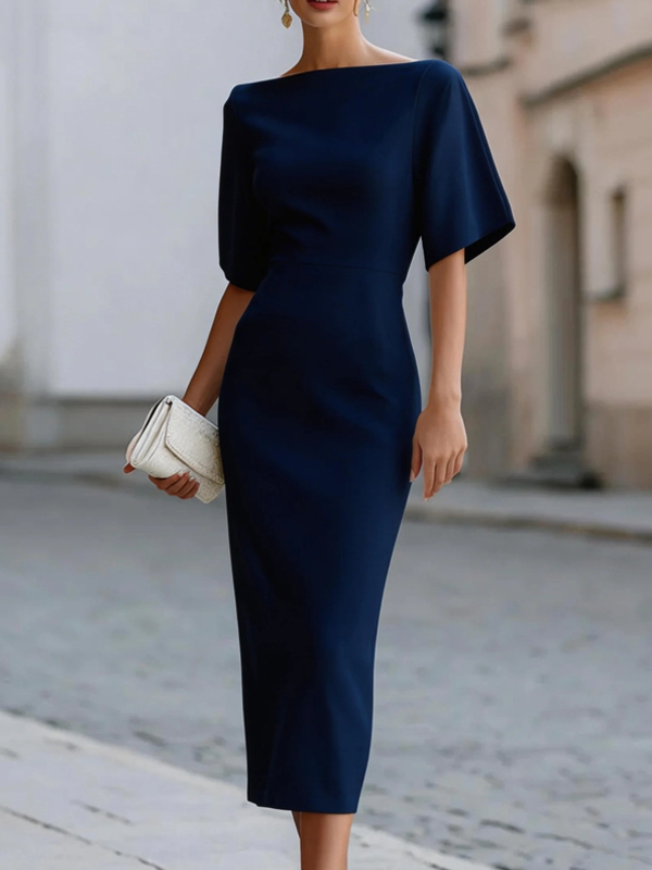 Elegant Sheath Midi Dress for Women with Boat Neck Flutter Sleeve Bodycon Formal Style