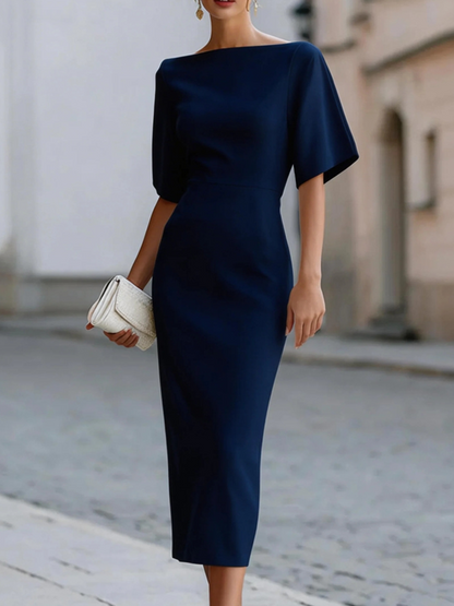 Elegant Sheath Midi Dress for Women with Boat Neck Flutter Sleeve Bodycon Formal Style