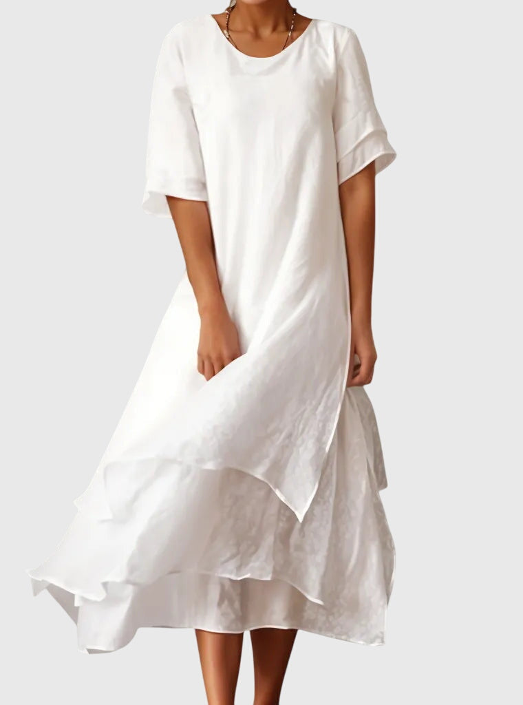 Elegant Chiffon Midi Dress for Women with Round Neck Short Sleeve Tiered Ruffle Formal Wedding Guest Style