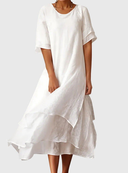Elegant Chiffon Midi Dress for Women with Round Neck Short Sleeve Tiered Ruffle Formal Wedding Guest Style