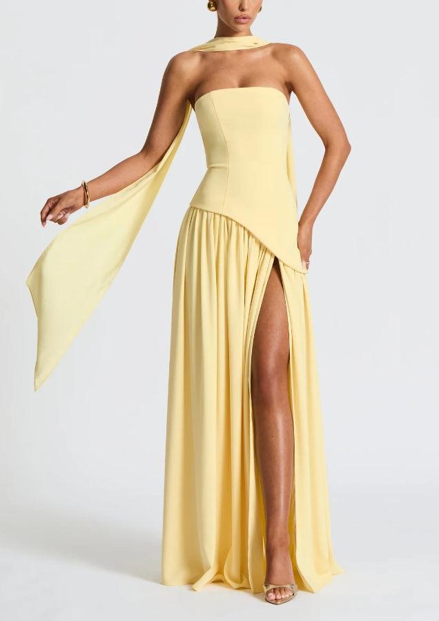 Elegant Draped Maxi Dress for Women with Strapless High Slit Asymmetric Ruched Formal Wedding Guest Style