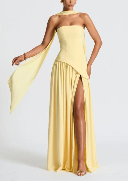 Elegant Draped Maxi Dress for Women with Strapless High Slit Asymmetric Ruched Formal Wedding Guest Style