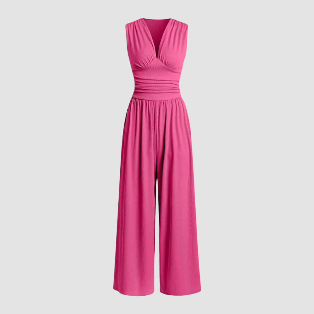 Elegant Ribbed Wide Leg Jumpsuit for Women with V Neck Sleeveless Ruched Waist Flowing Style