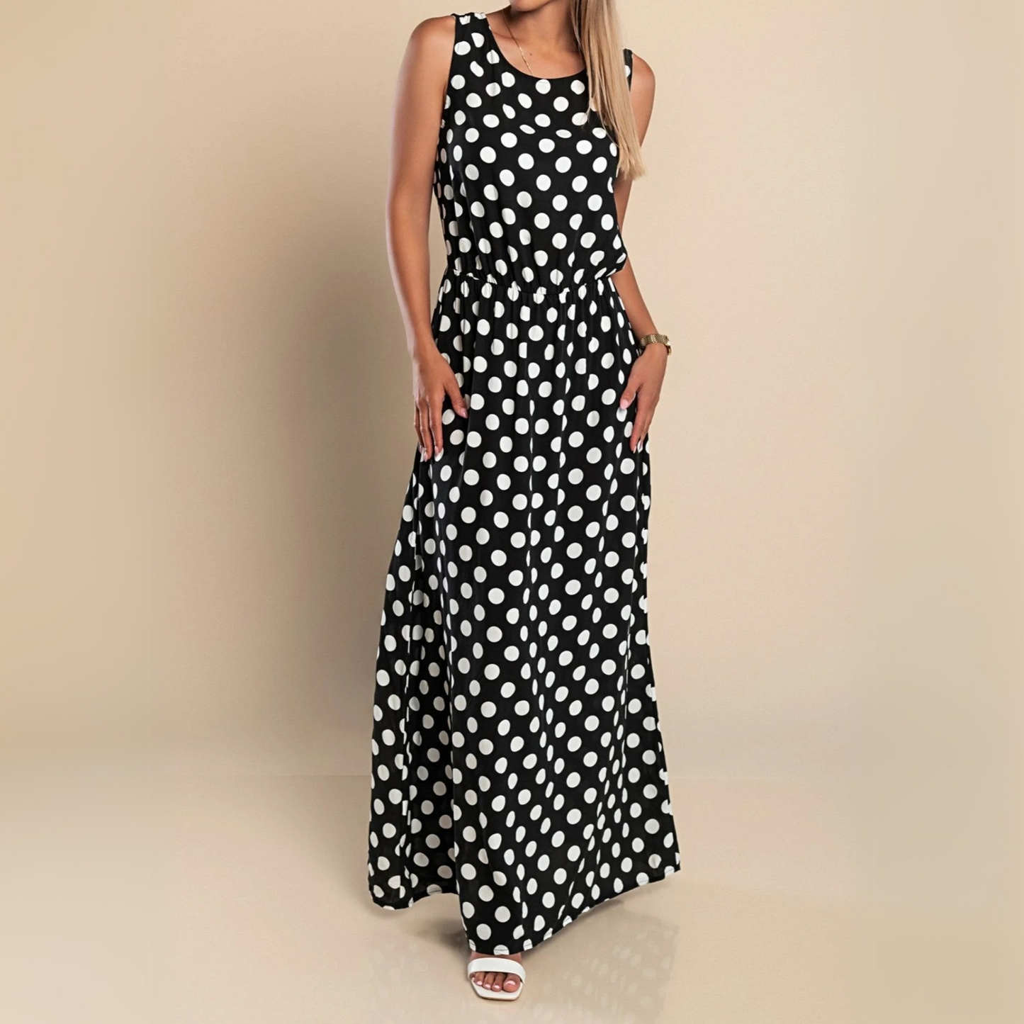 Effortless Polka Dot Maxi Dress for Women with Round Neck Sleeveless Elastic Waist Flowing Style