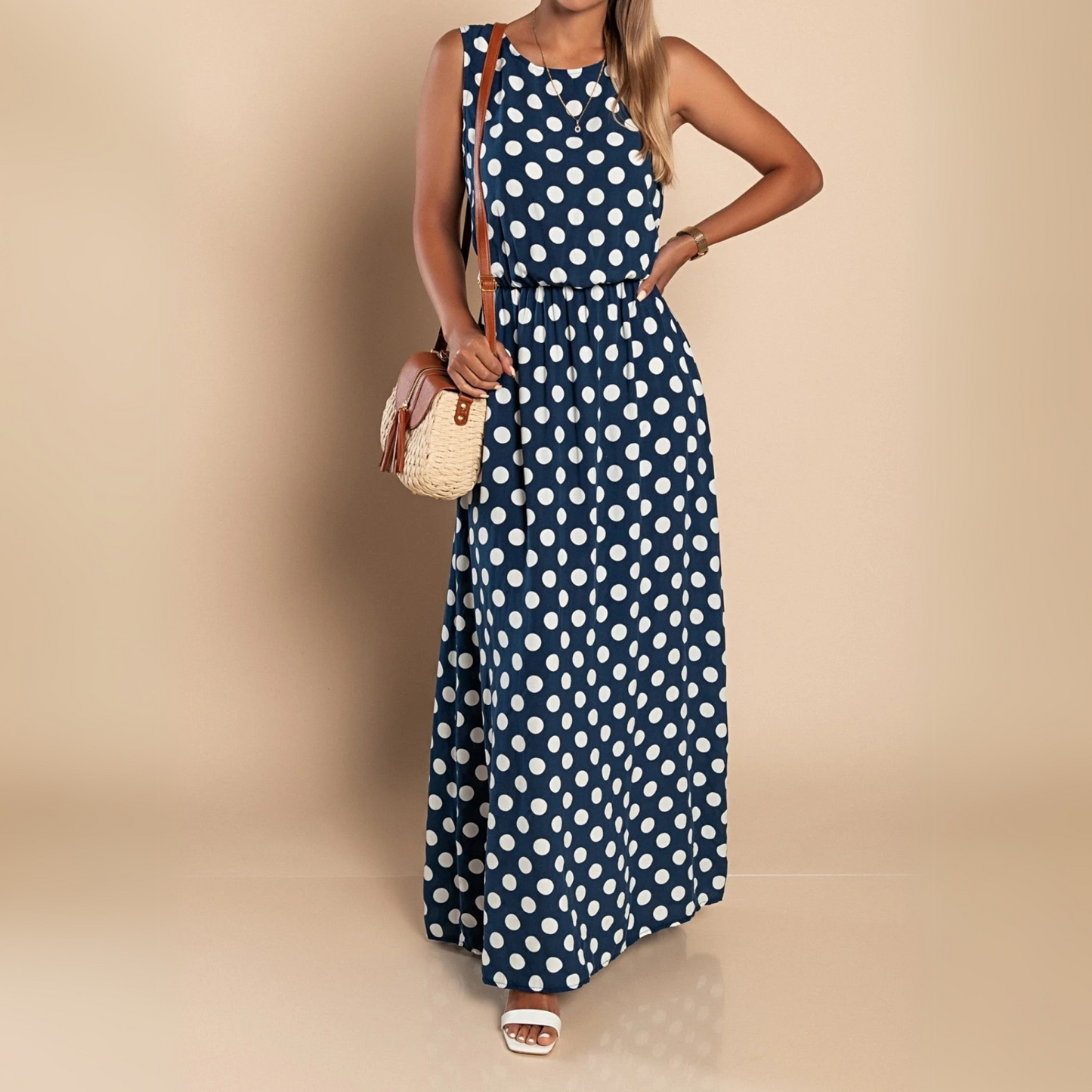 Effortless Polka Dot Maxi Dress for Women with Round Neck Sleeveless Elastic Waist Flowing Style