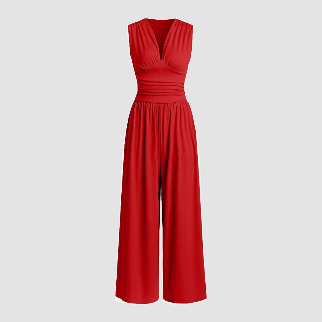 Elegant Ribbed Wide Leg Jumpsuit for Women with V Neck Sleeveless Ruched Waist Flowing Style