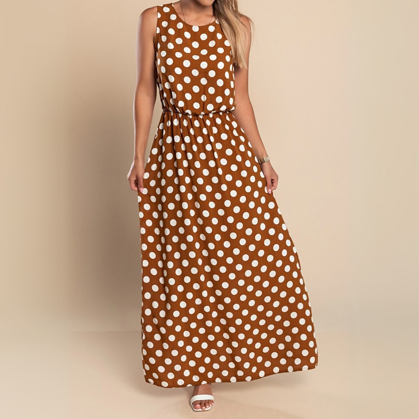 Effortless Polka Dot Maxi Dress for Women with Round Neck Sleeveless Elastic Waist Flowing Style