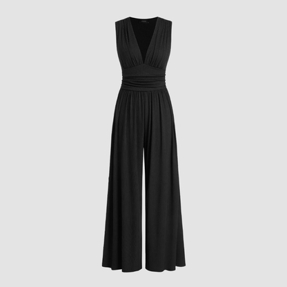 Elegant Ribbed Wide Leg Jumpsuit for Women with V Neck Sleeveless Ruched Waist Flowing Style
