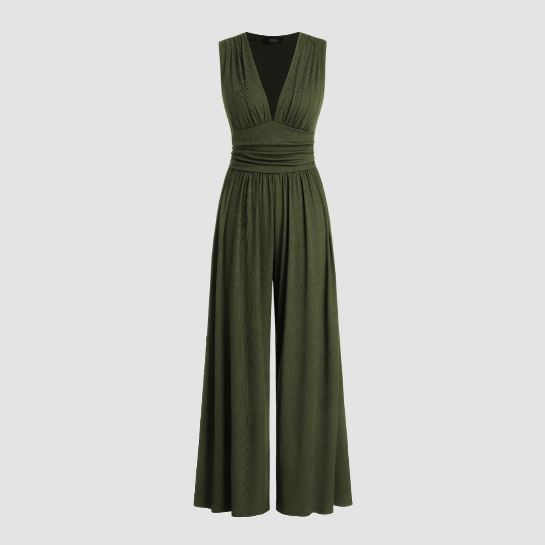 Elegant Ribbed Wide Leg Jumpsuit for Women with V Neck Sleeveless Ruched Waist Flowing Style