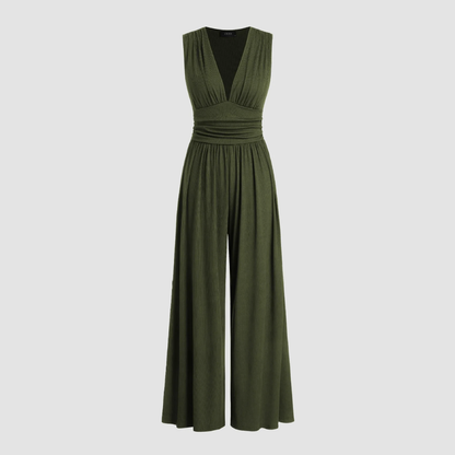 Elegant Ribbed Wide Leg Jumpsuit for Women with V Neck Sleeveless Ruched Waist Flowing Style