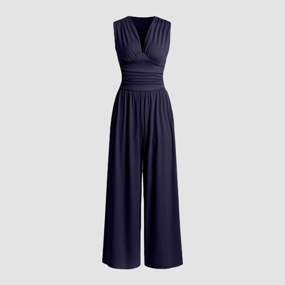 Elegant Ribbed Wide Leg Jumpsuit for Women with V Neck Sleeveless Ruched Waist Flowing Style