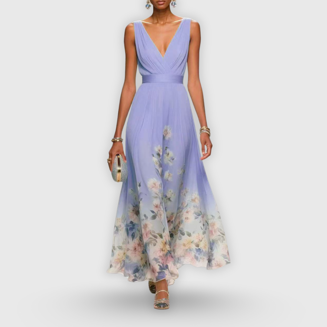 Elegant Floral Maxi Dress for Women with V Neck Sleeveless Flowy Skirt Formal Wedding Guest Style