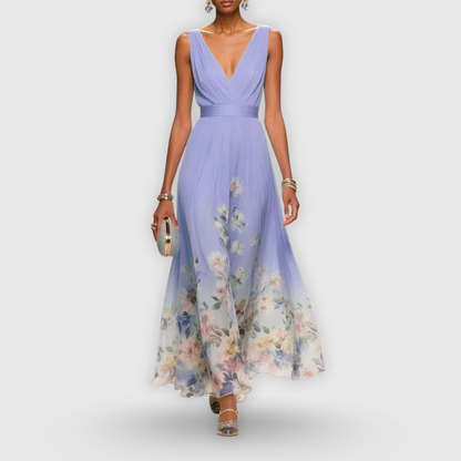 Elegant Floral Maxi Dress for Women with V Neck Sleeveless Flowy Skirt Formal Wedding Guest Style