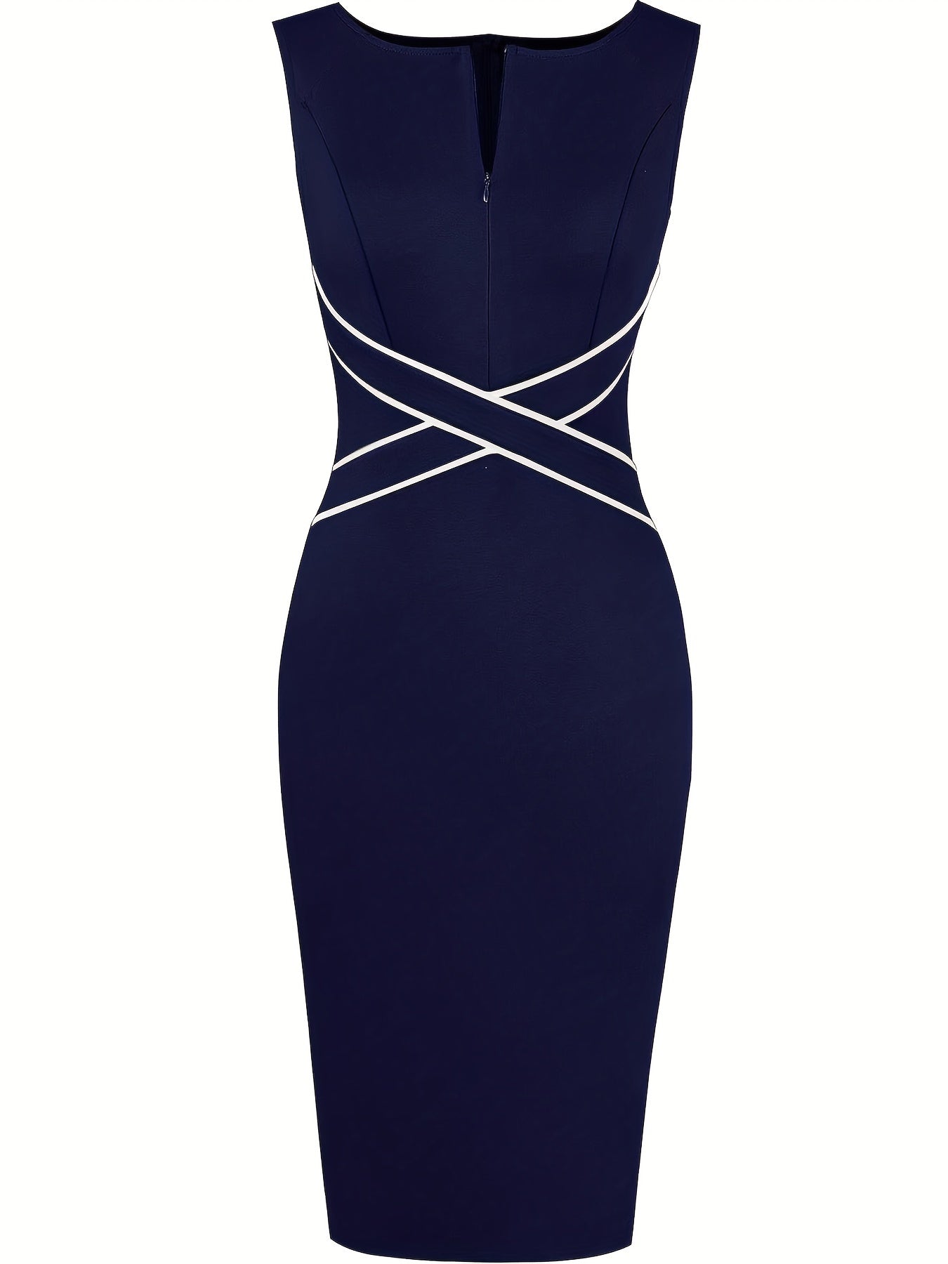 Elegant Contrast Piping Sheath Dress for Women with Split Neck Sleeveless Bodycon Crisscross Waist Cocktail Style