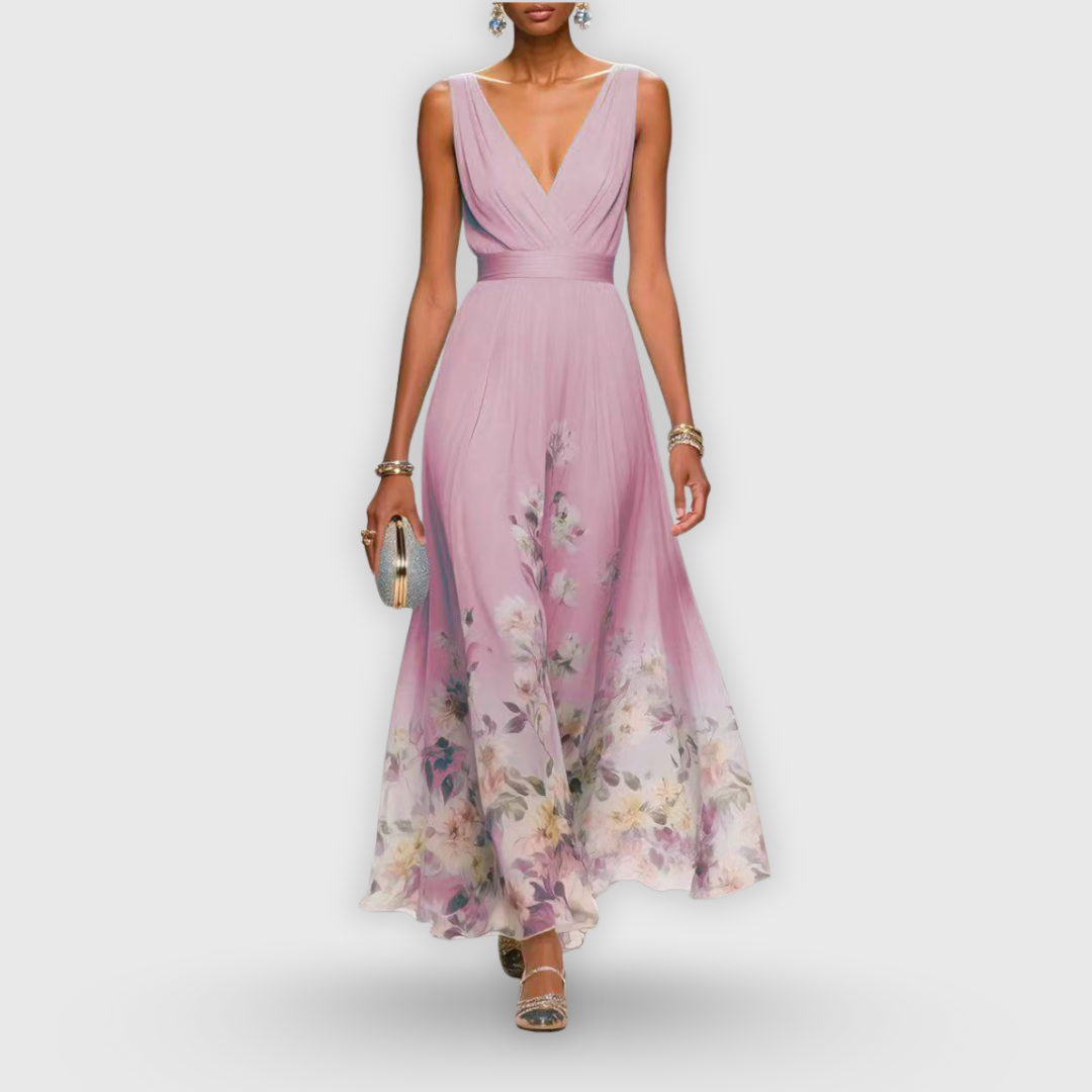 Elegant Floral Maxi Dress for Women with V Neck Sleeveless Flowy Skirt Formal Wedding Guest Style