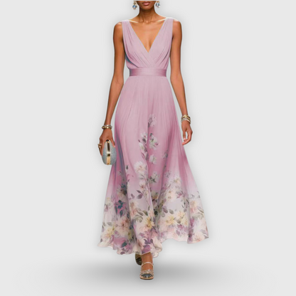 Elegant Floral Maxi Dress for Women with V Neck Sleeveless Flowy Skirt Formal Wedding Guest Style