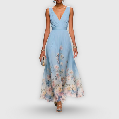 Elegant Floral Maxi Dress for Women with V Neck Sleeveless Flowy Skirt Formal Wedding Guest Style