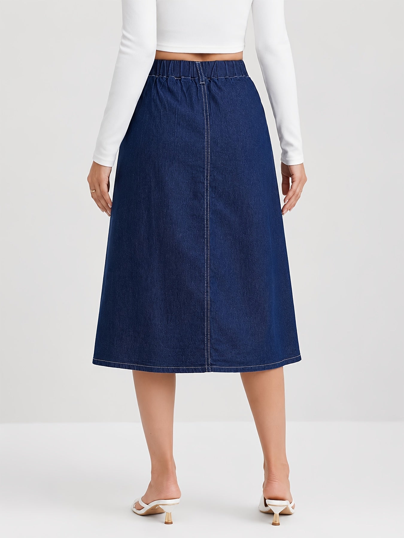 Effortless Medium Blue Denim Midi Skirt for Women with Button Front A Line Pleated Style