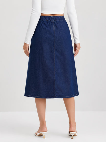 Effortless Medium Blue Denim Midi Skirt for Women with Button Front A Line Pleated Style